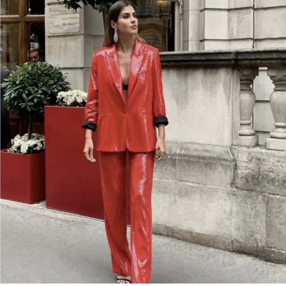 Zara Pants & Jumpsuits Nwt Zara 2piece Red Sequin Blazer And Pants
